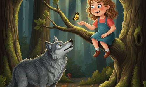 Bambina di 8 anni, viso rotondo con lentiggini, capelli castano chiaro mossi fino alle spalle, occhi azzurri vivaci e espressione maliziosa e sicura, sulla ramo basso di una quercia con la mano aperta mostrando una piccola farfalla gialla con motivi neri dalle ali distese che svolazza sopra la mano; grande lupo grigio dal manto folto e ondulato, occhi gialli penetranti e denti appena scoperti ma postura sorpresa e curiosa, in piedi sul sentiero sottostante con la testa rivolta verso la bambina; foresta scura e profonda con tronchi spessi ricoperti di muschio, tappeto di foglie brune, raggi di sole dorato che filtrano tra i rami e qualche fungo rosso; scena principale: la bambina si è arrampicata leggermente per stuzzicare il lupo con un sorriso birichino, tensione giocosa e ingegnosità più che paura.
