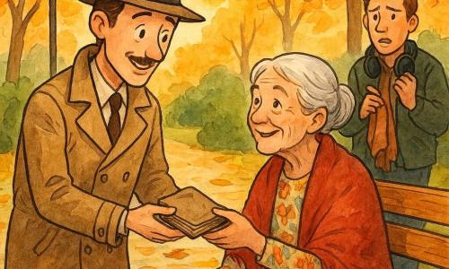 Un hombre, el detective Ramón, aparece en el centro con rostro delgado, ligero bigote y sonrisa curiosa, vestido con gabardina marrón clara y sombrero de fieltro, tendiendo un pequeño cuaderno gastado a una anciana de unos 75 años, María, sentada en un banco de madera con vestido de flores y chal rojo, cabello gris en moño y rostro arrugado pero luminoso, que lo recibe aliviada; un hombre de unos 40 años, nervioso y algo atrás junto a un arbusto con auriculares al cuello, mira culpable y sostiene una vieja bufanda; el parque otoñal muestra hojas anaranjadas y amarillas en el suelo, un farol de hierro y sendero empedrado; la escena central es la entrega del periódico antiguo entre Ramón y María, con luz suave, gestos cálidos y expresiones claras, en estilo de trazos de tinta, acuarela cálida y texturas de papel, composición centrada y legible para niños.