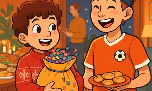 Un niño de 10 años, con cabello castaño y rizado, con una sonrisa radiante y ojos llenos de emoción, sostiene una gran bolsa de confeti colorido en sus brazos. Lleva un suéter de lana rojo con un patrón de copos de nieve y pantalones de mezclilla. A su lado, su amigo Alex, un niño de 11 años, alto y atlético, con una camiseta de fútbol y una cinta en la cabeza, ríe mientras sostiene un plato de galletas. La escena se desarrolla en una sala acogedora, decorada con guirnaldas brillantes y luces multicolores, con una gran mesa en el centro, cubierta de platos festivos y velas encendidas. En el fondo, adultos conversan alegremente, creando un ambiente festivo. El niño, con una expresión de orgullo y responsabilidad, se prepara para abrir la bolsa de confeti en el momento del año nuevo, mientras Alex lo anima con una gran sonrisa. Ambos amigos comparten un momento de complicidad, rodeados de la emoción de la fiesta que se acerca.