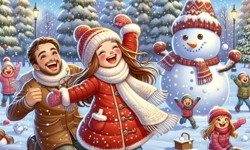 Una niña de 5 años, llamada Sofía, con largos cabellos castaños y mejillas rosadas, lleva un abrigo rojo brillante, una bufanda blanca y botas de nieve. Está llena de alegría y emoción, riendo a carcajadas mientras lanza una bola de nieve a sus amigos. A su lado, su papá, un hombre de unos 30 años con barba castaña y una sonrisa cálida, la anima levantando los brazos, listo para participar en la batalla de bolas de nieve. El parque es un paisaje invernal encantador, con árboles majestuosos cubiertos de nieve brillante, un cielo azul claro y copos de nieve cayendo suavemente. En la distancia, un gran muñeco de nieve, con ojos de piedra y una zanahoria como nariz, se erige orgullosamente, añadiendo un toque de magia a la escena. La situación principal muestra a Sofía y su papá en plena batalla de bolas de nieve, rodeados de otros niños alegres, todos riendo y divirtiéndose en esta atmósfera invernal festiva.