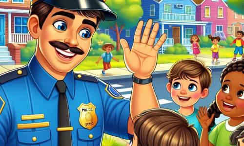 Un policía llamado José, sonriente y amigable, lleva un uniforme azul con un gran sombrero adornado con una estrella brillante. Tiene cabello castaño y ojos chispeantes de alegría, y está saludando a unos niños con un gesto amistoso de la mano. Entre los niños, hay un niño de 8 años, con cabello rubio y ojos azules, que levanta la mano sonriendo, y una niña de 7 años, con trenzas castañas, que mira a José con admiración, ojos muy abiertos. La escena tiene lugar en una calle animada de un barrio residencial, con casas coloridas, árboles verdes y niños jugando en la acera. El sol brilla, creando una atmósfera alegre y cálida. La situación principal muestra a José explicando a los niños su papel de policía, animándolos a ser amables y cuidar unos de otros, mientras comparten risas y sonrisas.