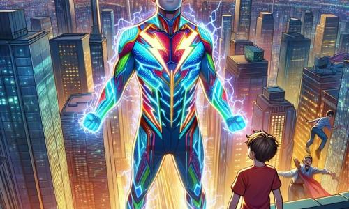 În centrul imaginii, îl vedem pe Electroflux, un bărbat cu părul argintiu care strălucește ca fulgerele, având ochi albastri strălucitori plini de determinare. Poartă un costum futurist de culori vii, împodobit cu modele electrice, și stă ferm pe o clădire înaltă, pregătit să intervină. Expresia sa este curajoasă și concentrată, arătând că este gata să-și apere orașul. Lângă el, un băiat de aproximativ 10 ani, cu părul brun și un tricou roșu, îl privește cu admirație, stând pe marginea acoperișului cu brațele ridicate, ca și cum ar dori să-l imite pe eroul său. În fundal, un oraș dinamic se întinde, cu clădiri moderne, lumini strălucitoare și vehicule zburătoare. Apusul colorează cerul în nuanțe de portocaliu și violet, adăugând o atmosferă magică. Electroflux se pregătește să intervină când o explozie are loc într-o clădire vecină, iar băiatul, inspirat de eroul său, este pregătit să-l ajute, simbolizând speranța și curajul în fața adversității.