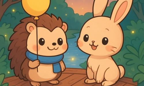 Finch, a small hedgehog with a smiling face and twinkling eyes, wears a blue scarf and holds a yellow balloon in his little paws. He stands on a wooden bridge, surrounded by green foliage and sparkling fireflies. Next to Finch, Ben, a cheerful rabbit with upright ears and a mischievous smile, watches with admiration. In the background, a stream glistens under the soft twilight light, creating a peaceful and magical atmosphere. The scene captures a moment of friendship and camaraderie between the two friends, with a natural and enchanting setting.