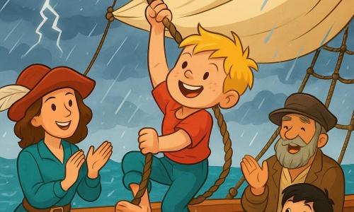 A boy, Finn, round face with freckles and tousled blond hair, brave smiling expression, muscles tense, wrapped one leg around a rope and pulling down a large wet beige sail; Captain Molly, ~30, fair-skinned, red feathered hat and blue blouse, applauding from the deck left of Finn with a proud, moved look; Patchy Pete, ~65, gray beard and worn sailor's hat, singing and clapping near the aft cabin; Pip, ~8, small with black hair holding a biscuit by the helm, eyes wide with admiration; setting: glossy wet wooden deck, thick ropes up the mast, silvered waves, dramatic dark clouds and distant lightning, visible raindrops and splashes; main action: Finn hauling the flapping sail in strong wind, ropes and water in motion, heroic adventurous mood and restored safety; style: bright colors, simple shapes, clear outlines, flat textures and soft shadows, composition centered on Finn with readable supporting characters.