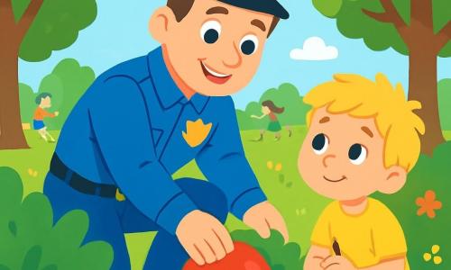 Ein Polizist, ein lächelnder und freundlicher Mann in den Vierzigern, trägt eine leuchtend blaue Uniform mit einem glänzenden Abzeichen auf der Brust. Er hat kurze braune Haare und freundliche, strahlende Augen. Er hockt sich nieder und hilft einem kleinen Jungen, seinen verlorenen roten Ball zu finden, mit einem Ausdruck von Konzentration und Freude im Gesicht. Der kleine Junge, Tim, etwa 6 Jahre alt, hat zerzauste blonde Haare und ein gelbes T-Shirt. Er sitzt auf dem Boden, schaut den Polizisten mit hoffnungsvollen Augen an und hält ein kleines Stück Holz in den Händen. Der Ort ist ein grüner Park mit Laubbäumen, bunten Blumen und einem klaren blauen Himmel. In der Ferne spielen Kinder und man hört Lachen in der Luft. Die Hauptsituation zeigt den Polizisten, der dem kleinen Jungen hilft, seinen Ball zu suchen, umgeben von Büschen, während die Sonne scheint und eine fröhliche, freundliche Atmosphäre schafft.