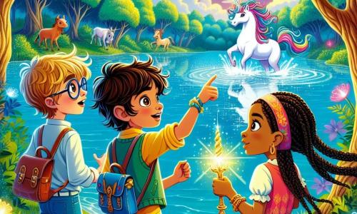 Tre piccoli avventurieri si trovano sulla riva di un lago magico. Marco, un ragazzo di 10 anni con i capelli castani e gli occhi brillanti, guarda con meraviglia le acque scintillanti. Alla sua destra, Sara, una ragazza di 9 anni con lunghi capelli biondi intrecciati e un vestito colorato, indica un unicorno che emerge dalle acque. A sinistra, Luca, un ragazzo di 10 anni con occhiali rotondi e capelli castani, tiene in mano una mappa magica, concentrato. Il lago è circondato da alberi giganti con foglie multicolori, e il cielo è di un blu intenso, punteggiato da nuvole a forma di creature fantastiche. Fiori luminosi bordano la riva e piccoli animali curiosi osservano gli avventurieri dai cespugli. I tre amici stanno scoprendo il potere magico del lago, pronti a esprimere un desiderio che li riporterà a casa, portando con sé un pezzo di quella magia nel cuore.