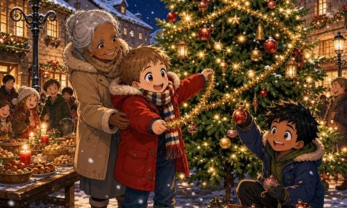 Un bambino di 6 anni, capelli castano chiaro corti e occhi grandi e lucenti, sorride entusiasta con un cappotto rosso spesso, sciarpa a righe e stivali di cuoio mentre porge una piccola ghirlanda dorata verso un grande abete; un suo amico di 6–7 anni, Marco, con capelli neri spettinati, sistema palline colorate sull'albero a destra di Luca ridendo vicino a una pila di decorazioni; una nonna di circa 70 anni, capelli grigi raccolti e volto dolce e rugoso, abbraccia Luca alle spalle sorridendo commossa; la piazza del paese è coperta di neve fresca con ciottoli visibili, lampioni in ferro battuto con luci calde e case in pietra decorate; al centro un grande albero di Natale con ghirlande dorate, palline rosse e piccole lanterne illuminate da fili elettrici che creano aloni gialli; a sinistra una lunga tavola di legno imbandita di piatti e candele mentre i paesani di tutte le età aggiungono vivande e decorazioni con gesti gioiosi; atmosfera di notte dolce, cielo blu scuro con fiocchi, luce calda a contrasto col freddo, scena di movimento, gioia collettiva e la tranquilla magia del risveglio di una vecchia tradizione.