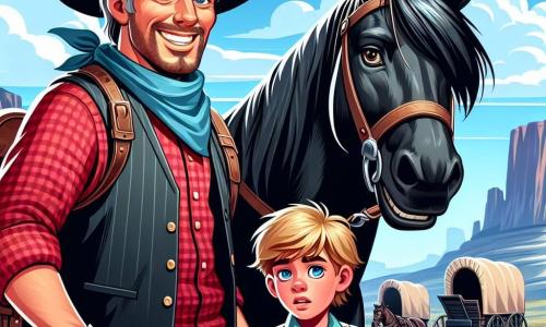 Ein Cowboy namens Jackson steht stolz auf seinem schwarzen Pferd Thunder. Er hat ein breites Lächeln, seine Augen strahlen Entschlossenheit aus, und sein Cowboyhut ist leicht zur Seite geneigt. Er trägt ein rotes kariertes Hemd und eine Lederweste, mit einem blauen Halstuch um den Hals. Neben ihm steht ein junger Junge namens Billy, etwa 10 Jahre alt, mit einem besorgten Gesicht und zerzausten blonden Haaren. Er steht auf dem staubigen Boden und zeigt auf eine Straße, die von Felsen blockiert ist. Der Ort ist ein weites Tal mit Wiesen, umgeben von majestätischen Bergen unter einem klaren blauen Himmel mit einigen weißen Wolken. In der Ferne sind Holzwagen zu sehen, die unter einem Erdrutsch aus Erde und Steinen stecken. Die Hauptsituation zeigt Jackson und Billy, die zusammen mit anderen Siedlern arbeiten, um die blockierten Wagen zu befreien, während sich ein Gewitter am Horizont zusammenbraut und dunkle Wolken aufziehen.