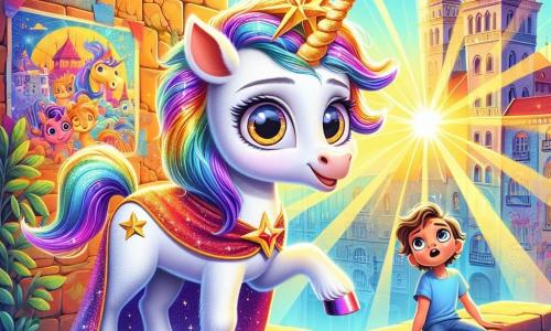 Eine kleine Einhorn namens Lila, mit einem strahlend weißen Fell und einer regenbogenfarbenen Mähne, die in der Sonne glänzt, steht vor einer alten Steinmauer. Ihre großen, weit aufgerissenen Augen zeigen Neugier und Staunen. Sie trägt ein süßes, buntes Tüchlein, das ihr magisches Horn verbirgt. Neben ihr beobachtet ein etwa 8-jähriger Junge mit zerzausten braunen Haaren und einem blauen T-Shirt Lila mit einem bewundernden Lächeln. Er sitzt auf einer Mauer, mit baumelnden Beinen, und scheint bereit zu sein, ihr zu helfen, das Geheimnis des funkelnden Schlüsselanhängers zu entdecken. Der Ort ist eine belebte Gasse der Stadt, mit hohen, bunten Gebäuden, künstlerischen Graffiti an den Wänden und Sonnenstrahlen, die durch die Äste eines Baumes filtern. Die Hauptsituation zeigt Lila, die neugierig mit ihrem Fuß nach einem sternförmigen Schlüsselanhänger greift, der hell leuchtet, während der Junge sie begeistert anfeuert, was eine magische und abenteuerliche Atmosphäre schafft.