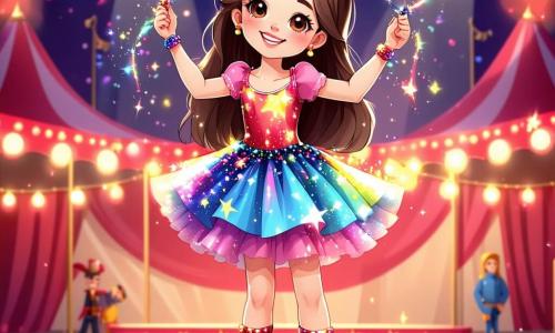 Una ragazza di 9 anni, Sofia, con lunghi capelli castani e occhi che brillano di gioia, si trova al centro del circo, con un grande sorriso che illumina il suo viso. Indossa un bel vestito colorato con stelle brillanti e tiene in mano delle clave, pronta a giocolare, il suo sguardo pieno di eccitazione e attesa. Alla sua destra, un uomo alto e magro, il giocoliere, di circa 30 anni, con un costume colorato a strisce e un cilindro, la incoraggia con un grande sorriso, mostrando le sue abilità. A sinistra, un clown con capelli arruffati e viso dipinto in modo comico, di circa 25 anni, scivola sul pavimento con un secchio d'acqua, facendo ridere il pubblico. Il luogo è un grande tendone da circo, pieno di colori vivaci e luci scintillanti, con posti a sedere in legno e un palco centrale dove si svolgono gli spettacoli. La scena principale mostra Sofia, piena di determinazione e gioia, che gioca goffamente con le clave sotto gli applausi e le risate del pubblico, mentre il clown scivola comicamente accanto a lei, aggiungendo un tocco di magia e risate a questo momento memorabile.