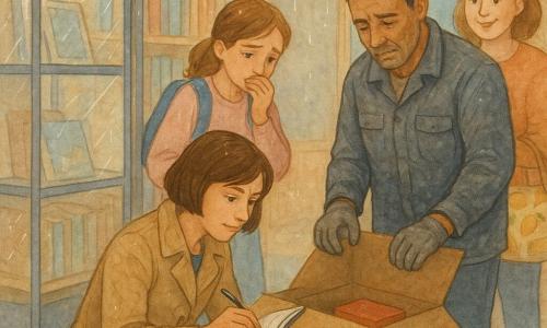 Detectivă adultă, privire concentrată și binevoitoare, păr brun cascadă, palton bej ușor șifonat, îngenuncheată lângă o vitrină de bibliotecă din sticlă, ținând un mic carnet și un creion, luminată cald cu reflexe pe sticlă; fată (Mira), ~13 ani, vinovată dar timidă, părul castaniu prins în coc, rucsac albastru, stă în spatele detectivei cu mâna la gură lângă o masă cu o cutie roșie; bărbat (Costel), ~50 ani, muncitor, piele bronzată și mâini bătătorite, mănuși gri tocite și geacă de lucru, lângă o cutie mare din carton deschisă, privind în jos, puțin rușinat; femeie (Ana), ~40 ani, prietenă a familiei, chip rotund și zâmbitor în ciuda îngrijorării, ține o geantă din pânză cu model de lămâi lângă intrare privind scena; interior: mică bibliotecă de cartier cu rafturi din lemn deschis, covoraș ud lângă intrare, vitrină metalică și vitrată pe un suport, masă de stejar cu markere, mapă și o fotocopie, ploaie vizibilă la fereastra din spate; situație: detectiva descoperă un atlas lipsă într-o cutie de depozit — întâlnire calmă, tensiune slabă, indicii: o chingă subțire, o fotocopie, o cutie roșie vopsită și cheia lipsă; compoziție centrată, atmosferă intimă și caldă, tonuri acuarelă pastelate cu accente albe pe reflexe și picături de ploaie.