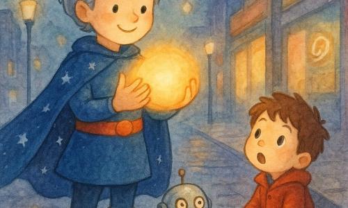 Adult female hero with a smiling determined face and short silver hair, wearing a navy starry cape and shiny lunar boots, holds a warm yellow-orange glowing bubble that lights her face; a small 30 cm metal toy robot with a round body and blinking buttons sits on the ground beside her looking surprised at the bubble; a ~5-year-old boy with messy brown hair in a red coat sits on a nearby curb with wide eyes and an O mouth watching; night city street with wet cobblestone sidewalk reflecting lights, flickering modern streetlights and colorful shopfronts with soft neon signs; the heroine creates the warm light bubble to repair the flickering streetlights, making calm, protective gestures in a gentle reassuring atmosphere.