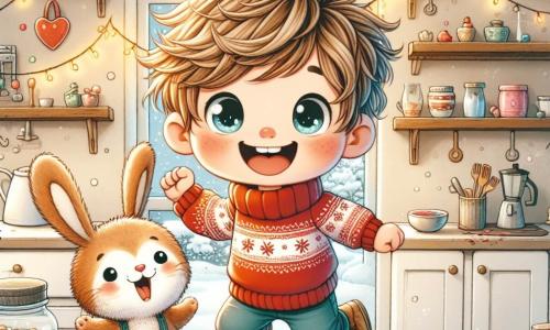A 4-year-old boy named Oliver, with messy brown hair and sparkling joyful eyes, is jumping with happiness in a cozy kitchen. He is wearing a red sweater with snowflake patterns and jeans. Next to him, an adorable little rabbit named Benny, with long soft ears, observes Oliver with a curious look, its little paws resting on the counter. The kitchen is decorated with twinkling lights and Christmas cookies shaped like stars and hearts, spread out on the wooden table. The walls are painted a soft yellow, and a window lets in sunlight, illuminating the room with a warm ambiance. Oliver and Benny are decorating Christmas cookies with colorful sprinkles and icing, laughing and having fun together. Snowflakes are gently falling outside, adding a magical touch to this festive scene.