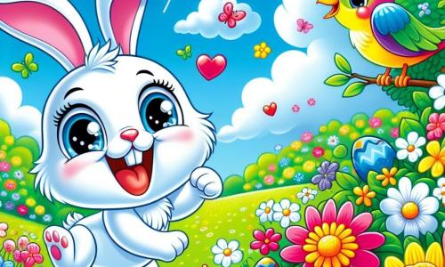 Un pequeño conejo de pelaje blanco brillante y grandes ojos brillantes, con una expresión alegre en su rostro, está saltando con entusiasmo en medio de un jardín colorido, rodeado de flores brillantes de todos los colores. A su lado, un pájaro de plumas coloridas, cantando con una sonrisa radiante, se posa en una rama de árbol, observando a su amigo con cariño. Al fondo, un campo verde está salpicado de flores silvestres, bajo un cielo azul claro con nubes blancas esponjosas, creando una atmósfera primaveral alegre. La escena muestra al pequeño conejo y al pájaro buscando huevos de Pascua escondidos entre las flores, llenos de emoción y risas, celebrando juntos la llegada de la primavera.