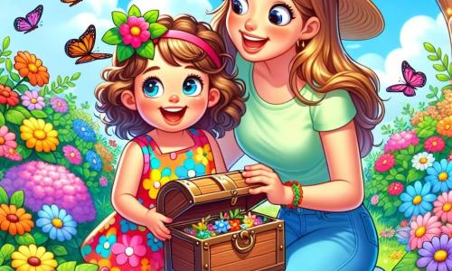 Una niña de 3 años, con grandes ojos brillantes y cabello rizado, lleva un vestido colorido con flores y un sombrero de paja. Sonríe con asombro mientras sostiene una pequeña caja llena de tesoros encontrados en el jardín. A su lado, su mamá, una mujer de unos 30 años, con cabello largo y liso, lleva una camiseta ligera y pantalones de mezclilla. Se inclina sonriendo, ayudando a su hija a descubrir un tesoro escondido detrás de un arbusto. El jardín está lleno de flores brillantes, árboles verdes y un cielo azul claro con nubes blancas. Mariposas de colores vuelan alrededor, añadiendo a la alegría primaveral. La escena principal muestra a la niña y su mamá en plena búsqueda del tesoro, riendo y disfrutando de la belleza de la naturaleza.