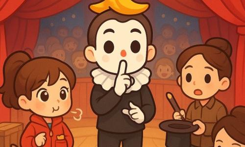 A 10-year-old girl, Mia, smiling and surprised, lets out a small snort during the performer’s dramatic silence; a similarly aged boy, Leo, anxious but admiring, with messy light-brown hair holds a black hat and a ribboned wand behind a curtain to Mia’s right; Mr. Pompom, a ~40-year-old performer with white makeup, painted brows, a ruff, and a banana worn like a crown, poses silently at center ring; Ms. Maribel, a calm leader in her 30s–40s with a starry jacket and a tight bun, watches from the ring edge with a clipboard; a small elegant kid goat with a bow tie chews near Mia by costume crates; the scene is a colorful circus tent with a light wooden round ring under a warm spotlight, red velvet curtains, blurred smiling audience and twinkling lights, capturing a comic, tender moment that sparks joyful laughter, warm atmosphere, vivid colors, exaggerated cute expressions, wonder and camaraderie.