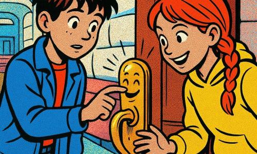 Three characters: Milo, about 11, messy brown hair, oversized blue jacket and jeans, stands left, timidly touches a brass doorknob with one finger; Bea, about 11, red braided hair, bright yellow sweatshirt, mischievous smile, stands right and touches the knob at the same time, leaning forward; an anthropomorphized brass doorknob in the center, shiny and tall with a small joyful face carved in metal, vibrating and seeming to laugh on a partially open wooden door. Setting: a train station hall made of fabric and cotton—marshmallowlike pastel walls, quilted cushion benches, embroidered signs, a soft textured floor, soft lighting with sharp shadows and pop‑art dot accents. Main action: both children touch the jiggling laughing knob together as the door opens to a scented breeze of soap, their faces sharing a complicit look of surprise; centered composition, saturated colors, thick outlines, dotted patterns and strong contrasts.