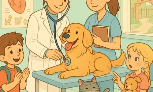 A smiling young veterinarian Dr. Leo with short brown hair in a clean white coat listens to the heart of Max, a happy golden retriever on an exam table, while nurse Mia, about 28 with her hair in a ponytail, stands nearby with a notebook and encouraging smile; an 8-year-old brown-haired boy with a small backpack watches and claps gently on the left and an 8-year-old blonde girl with a braid holds a stuffed toy and points at the stethoscope on the right; a calm gray tabby cat named Whiskers sits on a nearby chair; the bright veterinary clinic has mint walls, educational animal posters, shelves with jars, a window overlooking the zoo, a clean tiled floor and a large animal heart poster, and the scene conveys a warm, gentle morning light, pastel colors and a caring, reassuring atmosphere.