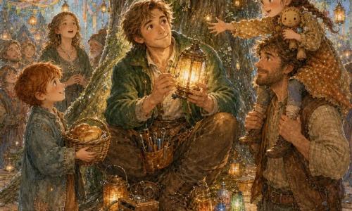 Rowan, about 30, with a soft, dreamy face and tousled light brown hair, in a green canvas jacket and leather tool belt, sits calmly on a large root knot holding a small amber-glowing lantern with a gentle smile; to his left Finn, about 10, with auburn hair and patched oversized clothes, stands holding a basket of golden breads and looking at Rowan with gratitude; Tansy, about 6, in braids and a polka-dot dress, sits on Hollis’s (about 40) shoulders clutching a worn doll and reaching toward the lantern with wonder; Mira, ~16, wearing a silver leaf pendant, sings softly near a small group of smiling villagers in the background; they are on a round platform carved into the trunk of a massive tree with circular wooden planks, hanging colored-glass lanterns, vines, tiny bark houses, soft green moss and ribbon garlands floating in the air; the scene centers on repairing and sharing the lantern, outstretched hands and warm looks, a cozy evening-festival mood with soft warm light, visible textures of bark, fabric and glass, in a watercolor palette of greens, browns and golds with white gel-pen highlights.