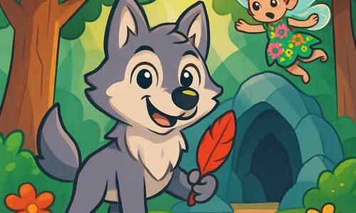 A silver-furred wolf with bright, curious eyes stands at the center of the scene, displaying a determined and joyful expression. He holds a vibrant red feather in his paw, symbolizing his adventure. Next to him, a small fairy named Flick, with sparkling wings and a colorful flower dress, joyfully flies, her eyes sparkling with excitement. In the background, the Whispering Forest majestically stretches out, with thick-trunked trees and lush green leaves, while rays of sunlight break through the foliage, illuminating the flower-strewn ground. The scene depicts the moment when Luno and Flick discover the entrance to the Crystal Caves, ready to embark on a magical quest to find the Fire Bird.