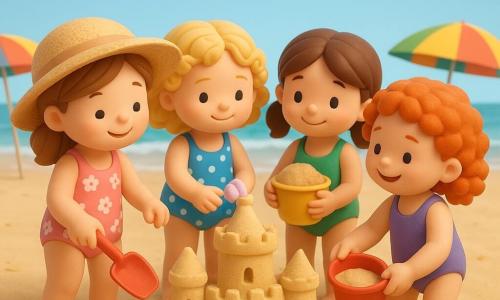 Na plaży są 4 dzieci:

- Lena, pięcioletnia dziewczynka, ma na sobie różowy strój kąpielowy w kwiaty, duży słomkowy kapelusz i buduje wieżę z piasku czerwoną łopatką.
- Zosia, sześcioletnia dziewczynka, ma kręcone blond włosy i niebieski strój kąpielowy w białe kropki; ozdabia zamek z piasku kolorowymi muszlami.
- Hania, pięcioletnia dziewczynka, ma brązowe włosy związane w dwa kucyki i zielony strój kąpielowy; trzyma małe żółte wiaderko pełne wilgotnego piasku.
- Ola, sześcioletnia dziewczynka, ma rude, kręcone włosy, fioletowy strój kąpielowy i pomaga przenosić piasek czerwonym wiaderkiem.

Plaża jest słoneczna, z drobnym złotym piaskiem, łagodnymi falami i kolorowymi parasolami. W tle widać błyszczące morze i kilka mew na jasnoniebieskim niebie.

Dzieci radośnie współpracują, budując duży zamek z piasku ozdobiony muszlami i małymi wieżyczkami, uśmiechając się i pokazując ducha przyjaźni i współpracy pod jasnym niebem.