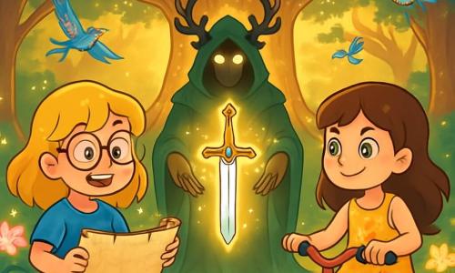 Há 2 personagens principais: - Clara: uma menina de 10 anos, com cabelos dourados que brilham como o sol, usando óculos redondos e uma camiseta azul. Ela segura um antigo rolo de mapa nas mãos, com os olhos brilhando de excitação. - Lina: uma menina de 10 anos, com cabelos castanhos e olhos verdes brilhantes, vestida com um vestido leve decorado com padrões florais. Ela está em seu triciclo, pronta para avançar, com um sorriso determinado no rosto. O ambiente é uma clareira mágica, cercada por árvores majestosas com troncos grossos e folhas cintilantes, banhadas por uma luz dourada. No centro, uma imensa árvore com galhos extensos parece tocar o céu, suas raízes serpenteando como veias no solo. Flores luminosas emitem um suave brilho, e criaturas fantásticas, como pássaros com penas iridescentes, voam ao redor delas. A situação principal mostra Clara e Lina diante do Guardião da floresta, um ser misterioso com olhos sábios, que lhes apresenta a magnífica Espada Harmônica, flutuando entre elas. O ar está cheio de magia e antecipação, enquanto elas se preparam para começar sua grande aventura para unir seus mundos.