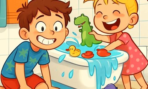 Um menino de 8 anos, Tomás, com cabelos castanhos bagunçados e um grande sorriso travesso, está agachado perto de uma banheira transbordando de água. Ele usa uma camiseta azul com estampas de dinossauros e um short vermelho, parecendo divertido e um pouco preocupado, com os olhos arregalados. Ao seu lado, sua irmã de 5 anos, Leonor, com cabelos loiros em tranças e olhos brilhantes de malícia, segura um dinossauro de plástico, pronta para mergulhá-lo na água. Ela veste um vestido rosa de bolinhas e está na ponta dos pés, rindo alto. A cena acontece em um banheiro iluminado, com paredes brancas e toalhas coloridas penduradas. A banheira está cheia de brinquedos flutuantes: patinhos de plástico, barquinhos coloridos e dinossauros. A água respinga por toda parte, e o chão está levemente molhado, criando uma atmosfera de brincadeira e caos alegre. A situação principal mostra Tomás e Leonor se divertindo ao criar uma piscina para seus brinquedos, mas a água transborda e ameaça transformar o banheiro em um verdadeiro oceano de risadas e surpresas.