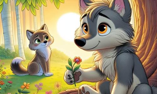 Um pequeno lobo chamado Lupi, com pelagem cinza e olhos brilhantes, está sentado sob uma grande árvore de folhas verdes vibrantes. Ele tem uma expressão melancólica, com as orelhas levemente abaixadas, segurando em suas patas uma pequena pedra colorida que acabou de colocar em um montículo de pedras em forma de coração. Perto dele, sua mãe, uma loba de pelagem macia e marrom, o observa com ternura, seus olhos cheios de compaixão. Ela está em pé, levemente inclinada para ele, como se quisesse oferecer conforto. O lugar é uma floresta tranquila, banhada pela luz dourada do sol poente, com flores silvestres coloridas espalhadas pelo chão e pássaros cantando nos galhos. A cena principal mostra Lupi criando um pequeno memorial para seu avô, simbolizando seu amor e memórias, enquanto se recorda das histórias que compartilharam.