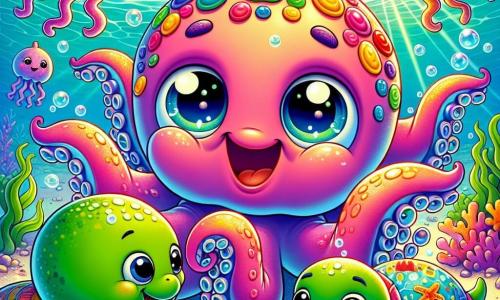 Pepino, um adorável polvinho com braços ondulantes e cores vibrantes, está dançando alegremente nas águas cristalinas de uma praia ensolarada. Seus grandes olhos curiosos e um largo sorriso mostram sua empolgação pela aventura. Perto dele, Lola, uma tartaruga marinha com carapaça verde e padrões coloridos, observa Pepino com um sorriso caloroso, seus olhos brilhando de felicidade. Fred, um peixe-bolha de cores vibrantes, flutua ao lado deles, rindo e inflando-se, suas bochechas redondas e rosas acrescentando ao seu ar cômico. O local é uma linda praia subaquática, com corais multicoloridos, algas dançantes e raios de sol filtrando pela água, criando uma atmosfera mágica e festiva. A cena principal mostra Pepino e seus amigos preparando um festival de verão subaquático, cercados por lanternas de algas brilhantes, rindo e se divertindo juntos, prontos para celebrar sua amizade e descobertas.