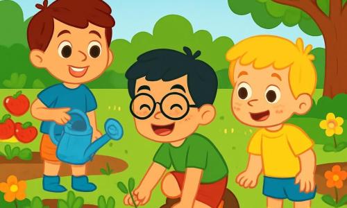 Há 3 personagens: Tomás, um menino de 6 anos com cabelo castanho e olhos brilhantes, vestindo uma camiseta azul e um shorts bege, segurando um regador e sorrindo alegremente; Miguel, um menino de 6 anos com cabelo preto e óculos redondos, vestindo uma camiseta verde e um shorts vermelho, agachado puxando uma erva daninha com um grande sorriso; e João, um menino de 6 anos com cabelo louro e sardas, vestindo uma camiseta amarela e um shorts azul, em pé admirando as plantas. Os três amigos estão em uma horta comunitária, cercados por fileiras de legumes coloridos: tomates vermelhos, cenouras laranjas e morangos suculentos. Flores multicoloridas bordejam os caminhos e pássaros cantam nas árvores verdes. O céu é azul brilhante com algumas nuvens brancas. A cena principal mostra os meninos se divertindo regando as plantas e arrancando ervas daninhas, rindo e compartilhando momentos de alegria sob o sol de verão.
