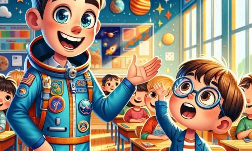 A young man, Ben, smiling and enthusiastic, wears a shiny blue spacesuit with a rocket badge. His eyes sparkle with excitement as he leans towards a group of children, sharing his passion for space. Next to him, Oliver, an 8-year-old boy with round glasses and brown hair, listens attentively, wide-eyed, while making funny gestures with his arms. The scene takes place in a bright classroom filled with colorful space posters, planets, and twinkling stars. Wooden desks and chairs are arranged around, and a large window lets in sunlight, illuminating the joyful atmosphere. Ben enthusiastically explains how astronauts train to go to space, while captivated Oliver pretends to float in the air, with a radiant smile on his face.