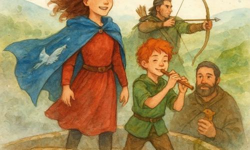 A young woman, Maelin, stands on an ancient stone bridge, her face shining with determination and courage. She wears a cape made from an old flag adorned with a silver bird, gently fluttering in the wind. Beside her, a red-haired boy, Elor, plays the flute with a mischievous smile, his eyes sparkling with mischief. Nearby, a sturdy middle-aged man, Thom, watches the scene protectively, holding a small wooden bird in his hand. In the background, a slender archer, Rynn, draws his bow with focus, ready to defend his friends. The bridge is surrounded by gray mist slowly dissipating, revealing a landscape of green hills and shimmering rivers under a clear blue sky. The main scene depicts the moment when Maelin and her friends break the magical silence, bringing music and color back to the valley.