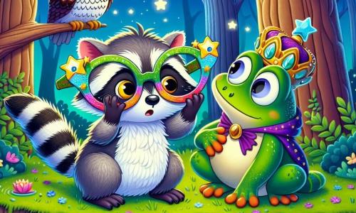 Ein niedlicher kleiner Waschbär namens Bruno mit grauem Fell und schwarzen Streifen am Schwanz sitzt am Ufer eines glitzernden Teiches unter dem Mond. Er trägt eine große bunte Brille, die ihm von der Nase rutscht, und sein Gesichtsausdruck ist sowohl perplex als auch amüsiert, mit runden, glänzenden Augen. Neben ihm sitzt eine weise Eule namens Olga mit großen gelben Augen und braunen Federn auf einem Ast. Sie schaut Bruno mit einem schelmischen Lächeln an, als wüsste sie etwas, das er nicht weiß. Ein wenig weiter steht ein königlicher Frosch namens Friedolin mit einer Blätterkrone auf dem Kopf und einem kleinen Holzscepter auf einem Seerosenblatt, stolz und amüsiert, während er über Brunos Situation lacht. Der Ort ist ein friedlicher Teich, umgeben von großen Bäumen mit leuchtend grünen Blättern, mit Sternenreflexionen im Wasser, die eine magische nächtliche Atmosphäre schaffen. Die Hauptsituation zeigt Bruno, der verzweifelt am Ufer des Teiches nach seiner Brille sucht, während Olga und Friedolin freundlich über ihn lachen und der Szene einen Hauch von Humor verleihen.