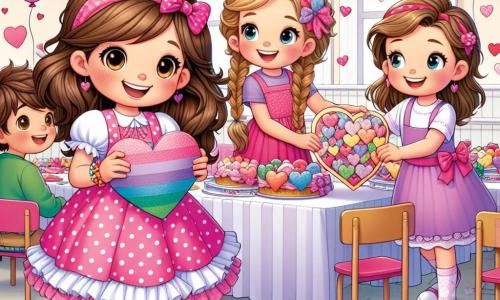 Uma menina de 12 anos, Clara, com cabelos castanhos em coques, sorridente e cheia de energia, está no centro da imagem, segurando um grande coração de papel colorido. Ela usa um vestido rosa de bolinhas e sapatos brancos, e seu rosto irradia alegria e empolgação. Ao lado dela, sua melhor amiga Sofia, também de 12 anos, com cabelos loiros trançados e um vestido roxo, a ajuda a pendurar guirlandas de corações de papel no teto, enquanto ri. Um menino de 11 anos, Lucas, está um pouco afastado, com cabelos castanhos e uma camiseta verde, segurando uma grande bandeja de biscoitos em forma de coração, pronto para distribuí-los aos convidados. A cena acontece em uma sala de aula decorada para a festa de Dia dos Namorados, com balões rosa e vermelhos flutuando no teto, mesas cobertas com toalhas coloridas e guirlandas de corações penduradas nas paredes. Risadas e luzes preenchem o ar, criando uma atmosfera festiva e acolhedora. Clara e seus amigos estão preparando a festa, cheios de empolgação e criatividade, enquanto outras crianças começam a chegar, trazendo sorrisos e surpresas.