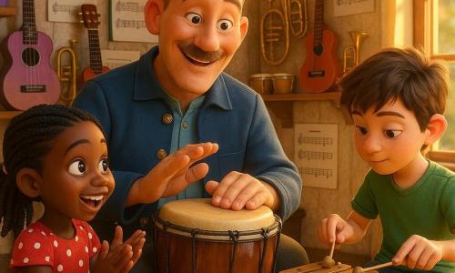 Ein lächelnder, warmer Sänger-Musiker mit hellbraunem Kurzhaar, feinem Schnurrbart und funkelnden Augen trägt eine blaue Jacke mit goldenen Knöpfen und schlägt sanft auf eine große, lackierte Holzdjembe, daneben sitzt ein 8-jähriges Mädchen mit geflochtenen Haaren im roten Kleid mit weißen Punkten auf einem kleinen Hocker und klatscht begeistert nahe seiner rechten Hand, ein 10-jähriger Junge mit zerzaustem braunem Haar und grünem T‑Shirt spielt konzentriert an einem hölzernen Xylophon, alles findet in einem kleinen, innenliegenden Musikschulfoyer mit hellem Holzboden, mit Noten tapezierten Wänden, warmen Lichterketten und Regalen voller bunter Instrumente statt; die Szene zeigt ein gemütliches, fröhliches Konzert mit wärmenden Perkussionsrhythmen, erleuchteten Gesichtern und goldenem Licht, das durch ein großes Fenster fällt.