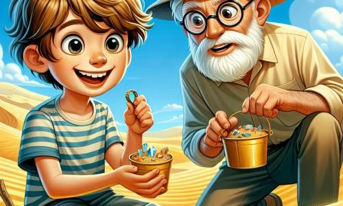 Ein junger Junge namens Max, etwa 10 Jahre alt, mit zerzausten braunen Haaren und neugierigen Augen, hockt im goldenen Sand und hält einen kleinen Eimer voller archäologischer Schätze. Sein Gesicht zeigt Aufregung und Staunen mit einem breiten Lächeln und rosigen Wangen. Neben ihm beobachtet Professor Müller, ein etwa 50-jähriger Mann mit runden Brillen und grauem Bart, aufmerksam einen alten Ring, den er im Sand gefunden hat. Er trägt ein beiges Hemd und einen Strohhut und beugt sich leicht vor, um sein Interesse an der Entdeckung zu zeigen. Die Szene spielt in einer weiten Wüstenlandschaft mit goldenen Sanddünen unter einem strahlend blauen Himmel. Archäologische Werkzeuge wie Schaufeln und Pinsel sind um sie herum verstreut. Die Hauptsituation zeigt Max und Professor Müller bei der Entdeckung, während Max staunend den Schatz betrachtet, den sie gerade ausgegraben haben, während der Professor die Bedeutung ihres Fundes erklärt.