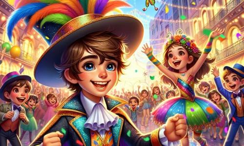 Un niño de 12 años, Lucas, con el cabello castaño despeinado y ojos brillantes de alegría, lleva un disfraz de Mago de los Colores, una capa brillante adornada con plumas multicolores y un gran sombrero puntiagudo decorado con estrellas centelleantes. Baila con entusiasmo en medio de una multitud, con una radiante sonrisa en su rostro. A su lado, una niña de 10 años, vestida de mariposa con alas coloridas, ríe alegremente mientras agita confeti. Un niño de 11 años, disfrazado de payaso, hace malabares con pelotas de colores, atrayendo la atención de los niños a su alrededor. El escenario es una calle animada, bordeada de edificios decorados con guirnaldas luminosas y banderines coloridos, donde desfilan carrozas festivas llenas de flores brillantes y músicos tocando instrumentos alegres. La escena está llena de colores vivos, risas y música pegajosa, creando una atmósfera de fiesta y magia. Lucas, en el centro de la acción, agita su varita mágica, liberando una nube de polvo de colores que ilumina el aire, cautivando a todos los espectadores maravillados.