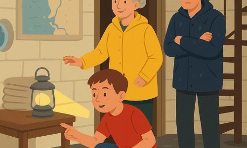 Een 10-jarige jongen, rond gezicht, kort kastanjebruin haar en sproeten, geconcentreerde trotse blik, hurkt met een beige schetsboek en een aanstaande zaklamp en wijst naar een ronde metalen reserve-lamp; een ongeveer 55-jarige vrouwelijke bewaker met glanzende gele regenvest en grijs haar in een knot, opgelucht, staat achter hem bij een open houten deur met een hand aan de klink; een ongeveer 45-jarige mannelijke gids in doorweekte donkerblauwe jas en zanderige schoenen staat achteraan op de wenteltrap met handen gevouwen, beschaamd, kijkend naar de teruggevonden lamp; locatie: binnenkant van een oude roomkleurige stenen vuurtoren met natte grijze tegelvloer, bruine metalen wenteltrap, kleine ronde ramen met regendruppels en een kaart van de kust aan de muur, fijne lichtbruine zandsporen op de vloer; hoofdgebeurtenis: ontdekking — het warme zaklamplicht maakt scherpe schaduwen op weggeschoven lakens, de glanzende reserve-lamp ligt op een houten bank, houdingen en gezichten tonen opluchting en samenwerking, sfeer van opgelost mysterie na de regen.