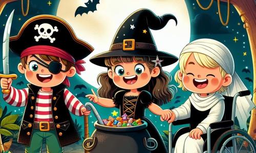 Tre bambini sono presenti: un ragazzo di 8 anni di nome Luca, vestito da pirata con un cappello nero, una camicia a righe rosse e una spada finta; una ragazza di 7 anni di nome Mia, travestita da streghetta con un vestito nero decorato di stelle e un piccolo cappello a punta; e un ragazzo di 9 anni di nome Leo, in costume da fantasma con un lenzuolo bianco e occhi disegnati sul tessuto. Luca è a sinistra, brandendo la sua spada finta con un grande sorriso, Mia è al centro, tenendo la mano di Leo, che è a destra, seduto nella sua sedia a rotelle, ridendo gioiosamente. La scena si svolge in una foresta buia e misteriosa, dove gli alberi dai tronchi nodosi si ergono verso il cielo stellato. Foglie dorate cadono dolcemente e un grande pentolone pieno di caramelle colorate brilla al chiaro di luna, circondato da piccole lanterne che illuminano il luogo. I bambini scoprono il pentolone magico del Mostro delle Caramelle, che li invita a condividere le loro paure per guadagnare dolcetti. L'atmosfera è piena di mistero e gioia, con stelle scintillanti sopra di loro e un'atmosfera festiva di Halloween.