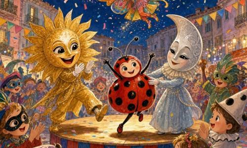 Una piccola coccinella di carta chiamata Lella, rossa con sei grandi macchie nere e antenne sottili, danza con sicurezza sul podio colorato; a sinistra una grande maschera di sole dorata applaude facendo ampi passi, dietro Lella una maschera di luna argento la guida dolcemente per il braccio, una maschera di farfalla multicolore vola sopra il podio con arabeschi; la scena è la piazza del villaggio con podio di legno dipinto, festoni e luci: festa di carnevale vivace — Lella al centro sotto i riflettori, amici in costume che la incoraggiano, pioggia di coriandoli e bambini meravigliati intorno.