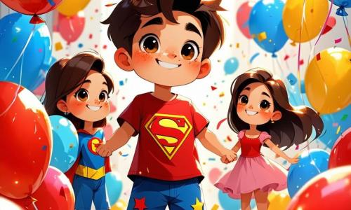 Un niño de 12 años, llamado Martín, con el pelo castaño alborotado y una gran sonrisa traviesa, está en el centro de la escena, rodeado de cientos de globos de colores que flotan a su alrededor. Lleva una camiseta roja con un dibujo de superhéroe y un pantalón corto azul, con los ojos brillando de alegría y emoción. A su lado, su hermana Lucía, una niña de 14 años con el pelo largo y liso, los ojos brillantes de diversión, lo ayuda a inflar los últimos globos, riendo de la situación. El escenario es un aula luminosa, con paredes pintadas de amarillo y carteles coloridos colgados, escritorios de madera bien ordenados y una gran ventana que deja entrar la luz del sol. La situación principal muestra a Martín y Lucía preparando una broma hilarante, llenando el aula de globos listos para estallar, mientras un grupo de alumnos entra y descubre la sorpresa, iluminando sus rostros de asombro y risa.