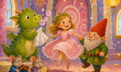 Principessa di circa 6 anni, sorriso radioso e occhi vivaci, in abito rosa cipria con piccola corona di foglie verdi, salta in tre passi al centro della scena; piccolo drago paffuto non umano, verde mela con muso rotondo che soffia bolle rosa e tiene un fazzoletto di marzapane; gnometto timido, piccolo essere barbuto non umano con cappello a punta rosso, tiene la mano della principessa sulla sua destra e sorride; due topini musicisti non umani con occhiali tondi, violino e tamburino su una gradinata in basso a sinistra suonano una melodia gioiosa; grande sala di castello fatta di peli colorati come setole, lanterne di carta gialla sospese, pareti pastello con finestre arrotondate e una grande porta di zucchero filato sullo sfondo; festa danzante con passi in tre tempi, coriandoli a forma di stelline di zucchero, luci calde e ombre morbide, atmosfera giocosa e piena di movimento.