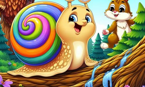 Un piccolo lumacone di nome Lillo, con una conchiglia colorata arcobaleno e grandi occhi curiosi, striscia lentamente sotto un maestoso albero, il suo viso esprime una gioiosa determinazione. Accanto a lui, una lepre dalle grandi orecchie e dal pelo marrone dorato salta con entusiasmo, incoraggiando Lillo nella sua ricerca. Un gufo saggio, appollaiato su un ramo, osserva la scena con occhi brillanti e un'espressione seria, pronto a dare consigli. Lo scenario è una foresta incantata, con alberi dai tronchi spessi, foglie verdi brillanti e fiori colorati che punteggiano il suolo. Lillo, mentre libera un passaggio sotto un grande albero caduto, scopre una sorgente d'acqua che inizia a scorrere di nuovo, portando vita al ruscello prosciugato.