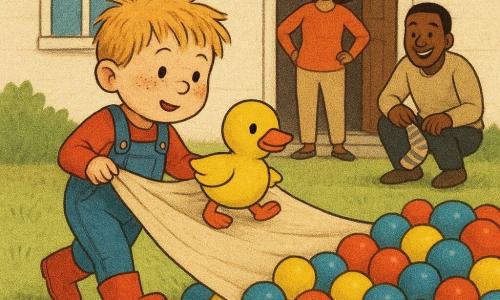Ein etwa vierjähriger Junge, begeistert und konzentriert, mit Sommersprossen, zerzaustem blondem Haar, blauer Latzhose und roten Gummistiefeln hält eine große Decke und balanciert vorsichtig; eine gelbe Plüschente namens Pippa mit orangefarbenem Stoffschnabel liegt auf der Decke und scheint den Jungen zu führen; die Mutter (ca. 30–35) lächelt am Hauseingang mit den Händen in der Hüfte, der Vater (ca. 30–35) hockt lachend nahe der Tür und hält eine zusammengerollte Socke als Spielrequisit; vor einem cremefarbenen Haus mit kurzem grünen Rasen liegt ein großer Hügel aus glänzenden bunten Bällen, der Junge baut eine „Deckenbrücke“ über den Ballhügel, die Decke biegt sich, rote, blaue und gelbe Bälle rollen leicht zur Seite, weiches Tageslicht, sichtbare Stoff- und Plastiktexturen; Stil: warme Farben, leicht strukturierte Striche wie Zeitungsdruck, zentrale Komposition mit fröhlich-sicherer Herausforderung.
