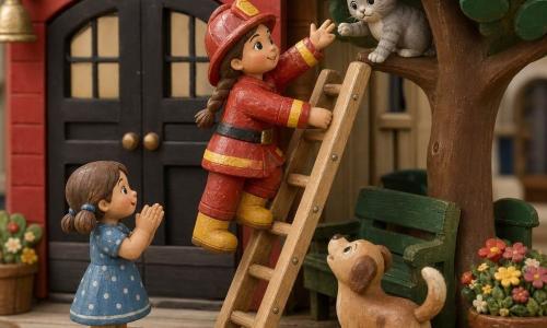 A wooden firefighter woman figurine with braided brown hair, a shiny red coat, yellow boots and a smiling determined face climbs a wooden ladder reaching out; a little girl figurine, about six, in a blue polka-dot dress with pigtails claps at the left foot of the ladder; Pippin, a small light-brown dog figurine wags his tail to the right near a flowerpot; a tiny gray kitten perches on a low branch, paw extended toward the firefighter; the miniature village street shows a red firehouse with a large black door, light-plank sidewalk, a round-foliage green tree, flower pockets and a green bench; the scene is gentle and reassuring—rescue of the kitten, ladder against the trunk, bright simple shapes, warm afternoon light, centered calm composition in a wooden toy style with visible brushstrokes.