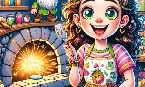 A 10-year-old girl named Mila, with long curly hair and sparkling curious eyes, wears a colorful apron adorned with dragon patterns. She smiles excitedly, holding a spatula in one hand and a bowl filled with colorful batter in the other, standing in an enchanted kitchen. Next to her, a small gnome with green hair and a bushy beard, wearing a pointed hat, encourages her with a big smile, brandishing a wooden spoon. The kitchen is filled with magical ingredients: rainbow eggs, sparkling berries, and a dragon-shaped oven that looks ready to spit sparks. The walls are decorated with paintings of fantastical creatures, and shelves are loaded with jars of colorful jam. Mila is mixing the batter for her dragonberry pancakes, surrounded by a joyful and magical atmosphere, ready to create a surprise for Father's Day.