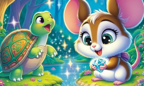 A little mouse named Millie, with soft brown fur and sparkling determined eyes, stands at the edge of a shimmering river, holding a glowing crystal in her tiny paws. She wears an expression of joy and excitement, ready to save her habitat. Beside her, Benny, a rabbit with big ears and white fur, jumps enthusiastically, his face beaming with pride. Greta, a wise turtle with a shell adorned with colorful patterns, watches closely, a kind smile on her face. In the background, the enchanted forest is filled with majestic trees with bright green leaves, and multicolored flowers dance in the breeze. The scene exudes an atmosphere of magic and friendship as Millie prepares to plunge the crystal into the water, creating a brilliant light that illuminates everything around them.