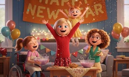 Four girls: Abby, 10, center, shiny blonde bob, blue eyes, red sweater and polka-dot skirt, standing with arms raised shouting Surprise! and smiling; Mia, 9, in a red wheelchair, light brown ponytail, flour-stained kitchen apron, left of Abby, leaning forward laughing and holding a large sparkling punch bowl; Sophie, 10, curly brown hair, round glasses, green cardigan holding a notebook, right of Abby slightly forward, joyful as if finishing hanging a banner; Lucy, 8, small and energetic, red braided hair, yellow sequin dress, just behind Abby jumping with confetti around her. Cozy living room in a blue house with light wood floor, gray sofa, wooden coffee table, multicolored garlands, metallic balloons, large orange-and-gold Happy New Year banner, warm string lights and a festive tablecloth laden with cookies and a big sparkling punch bowl. The girls leap from hiding to surprise their families—an explosion of joy with colorful confetti and glitter, soft warm lighting, exuberant expressions, dynamic clothing and ribbons, composition centered on Abby with a shallow depth of field for a warm, festive feel.