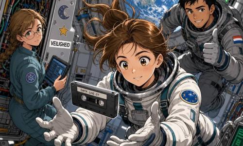 Een glimlachende, geconcentreerde jonge vrouwelijk astronaut met bruin zwevend haar en sproeten in een wit ruimtepak met blauwgroene details pakt voorzichtig een zwevende rechthoekige cassette, handschoenen soepel, kalme precieze houding; rechts op de achtergrond zweeft een grijnzende mannelijke astronaut in een grijs pak en steekt zijn duim op; links staat een vrouwelijke ingenieur met gevlochten haar en dunne bril bij een open paneel met gekleurde kabels en een tablet; binnenin een licht module met getextureerde metalen wanden, leidingen, groene en rode knoppen, een rond raampje met zicht op de blauwe aarde, decoratieve stickers (maan, ster, "VEILIGHEID"); zachte verlichting, nette onderhoudssfeer, duidelijke manga-achtige lijnen en lichte duikperspectief.