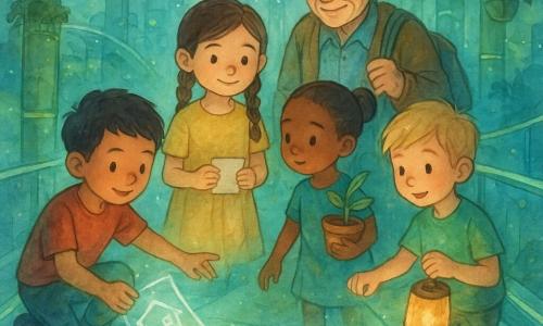 Há cinco personagens: quatro crianças — Lara (menina, 5 anos, longas tranças castanhas, pele clara, sorriso suave, ao centro-esquerda segurando uma nota dobrada “Obrigado por avisar” e olhando a área escura), Miguel (menino, 5 anos, cabelo curto preto, manchas de tinta nos dedos, à esquerda de Lara projetando com gestos um plano luminoso), Aisha (menina, 5 anos, pele morena, cabelo preso, à direita de Lara segurando um vaso de planta e tocando o corrimão com curiosidade), Tomás (menino, 5 anos, cabelo loiro, olhos vivos, segurando um pequeno farol aceso que ilumina uma mancha escura no piso de vidro); e um idoso de 70 anos (cabelos grisalhos, óculos redondos, sacola pesada) logo atrás, sendo ajudado pelos crianças a subir uma rampa. Local: uma skyroute elevada de vidro fosforescente sobre uma cidade futurista de bambu metálico com torres finas, passarelas suspensas, vasos pendentes, painéis de chão luminosos e um lago de vidro refletindo néons azul-verde, com leve névoa colorida e pequenos robôs besouro metálicos voando próximos a uma coluna. Situação: as crianças percebem uma área onde a luz da passarela se apaga; Tomás ilumina com o farol, Miguel projeta um plano, Aisha toca o corrimão, Lara segura a nota dizendo “Obrigado por avisar”, um besouro-robô repara um fio exposto emitindo faíscas suaves; clima de tensão suave que vira solidariedade, tons azul-esverdeados fosforescentes e reflexos aquarelados.